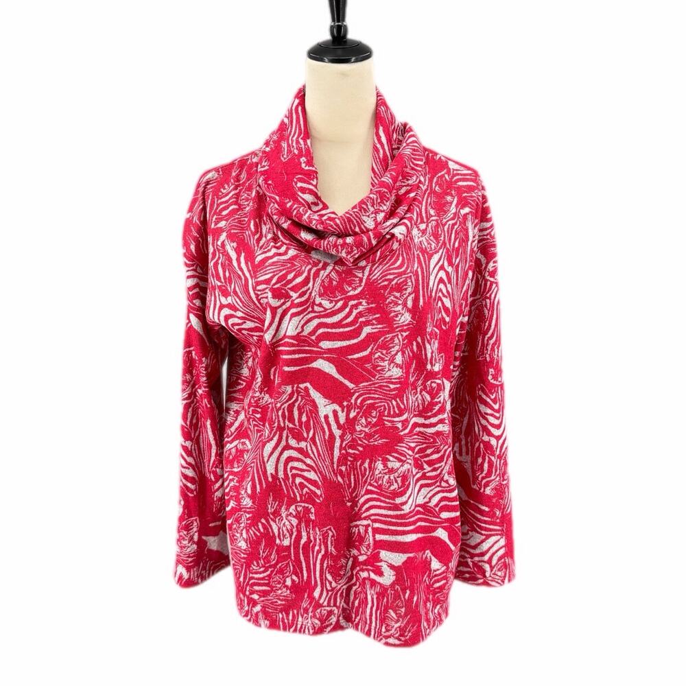 David Cline Red Gray Zebra Print Knit Cowl Neck Long Sleeve Sweater Bright Top